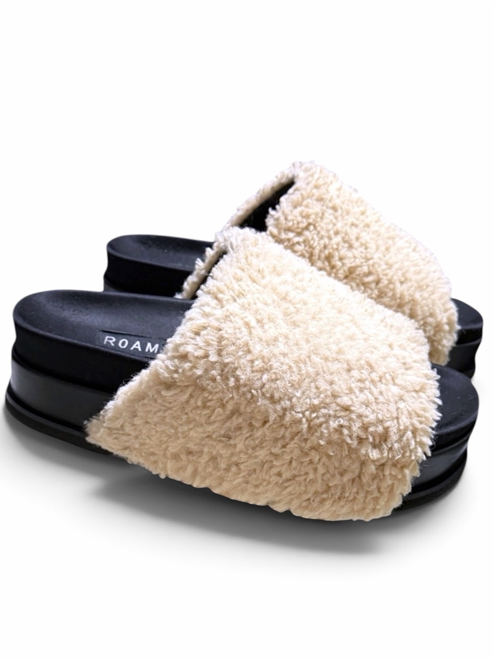 ROAM Fuzzy Stack Nude Faux Shearling Platform Wedge Slide Sandals